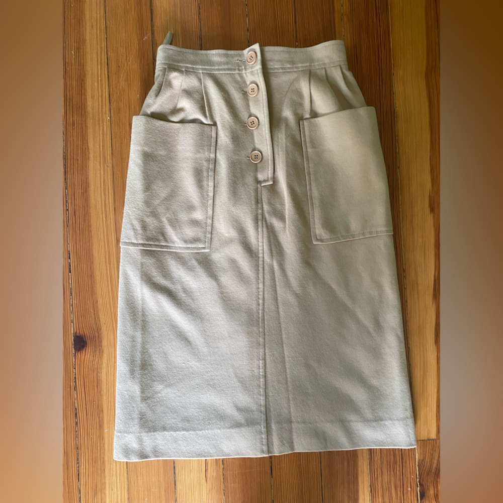 Vintage 80s Emanuel Ungaro Parallele High-Waist Button Front Midi Skirt Beige